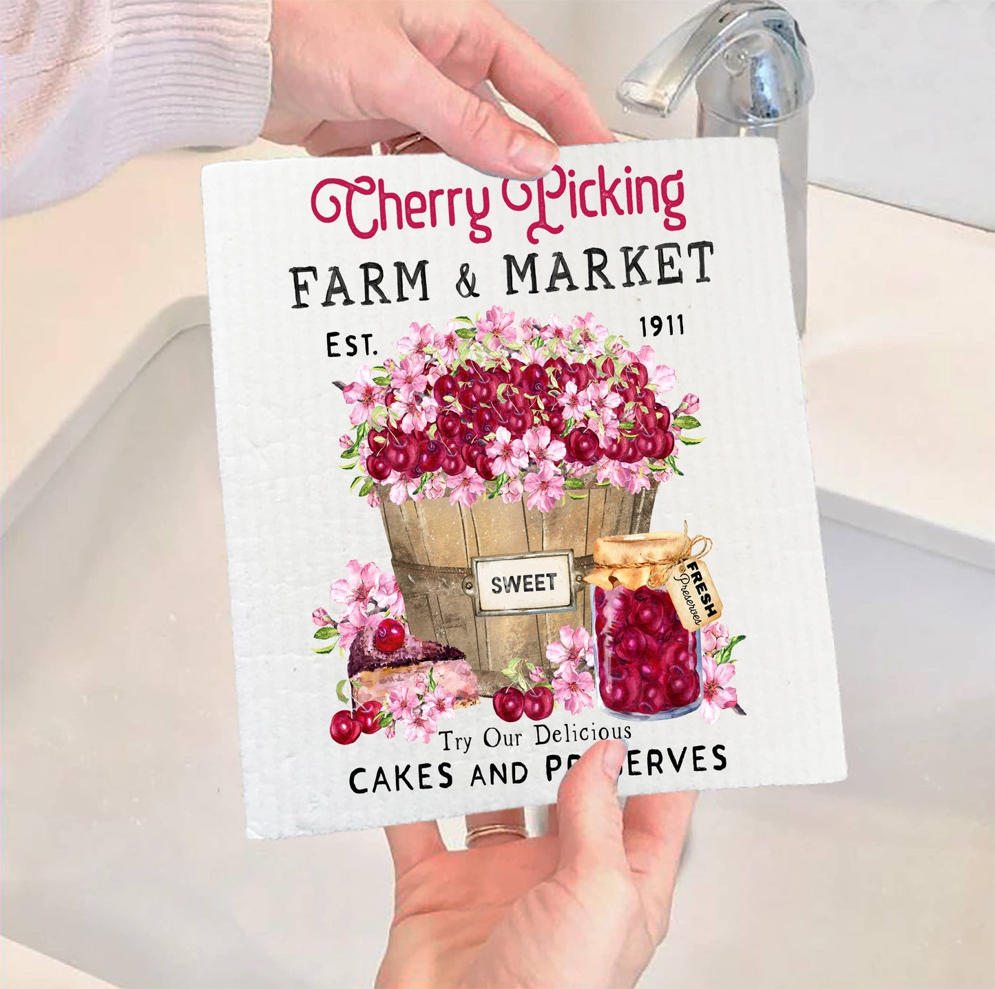 Set of 2 - Farmer Market Sweet Cherries Kitchen Swedish Dish Cloth