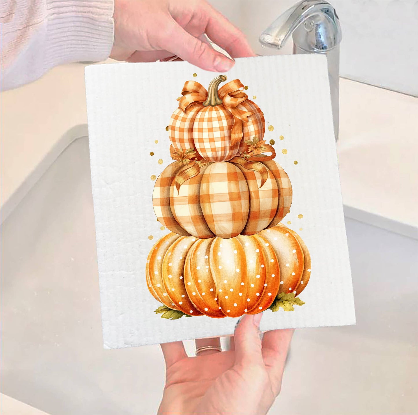Set of 2 - Fall Autumn Orange Checkered Pumpkins SWEDISH DISH CLOTH