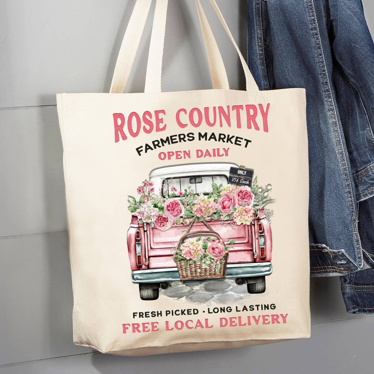 Country Rose Pink Pick Up Truck 12 oz Canvas Tote Bag