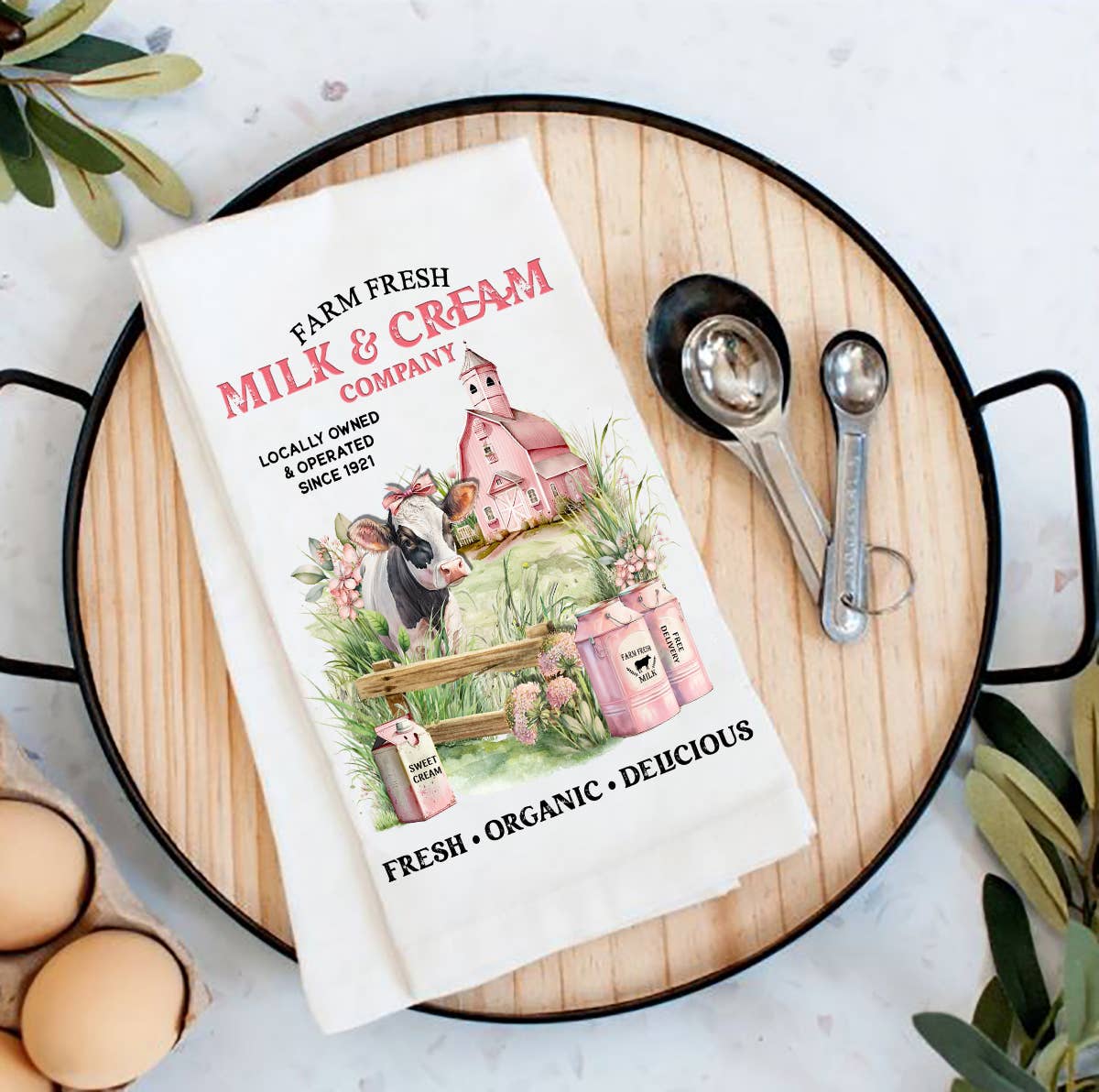 Country Farm Fresh Milk & Creamery Cow Cotton Tea Towels