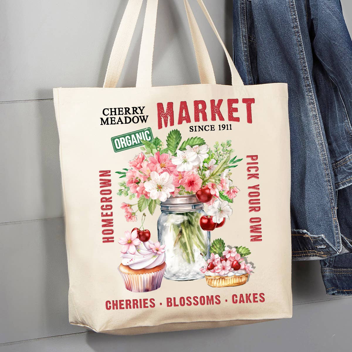 Cherry Meadow Market Country 12 oz Canvas Tote Bag