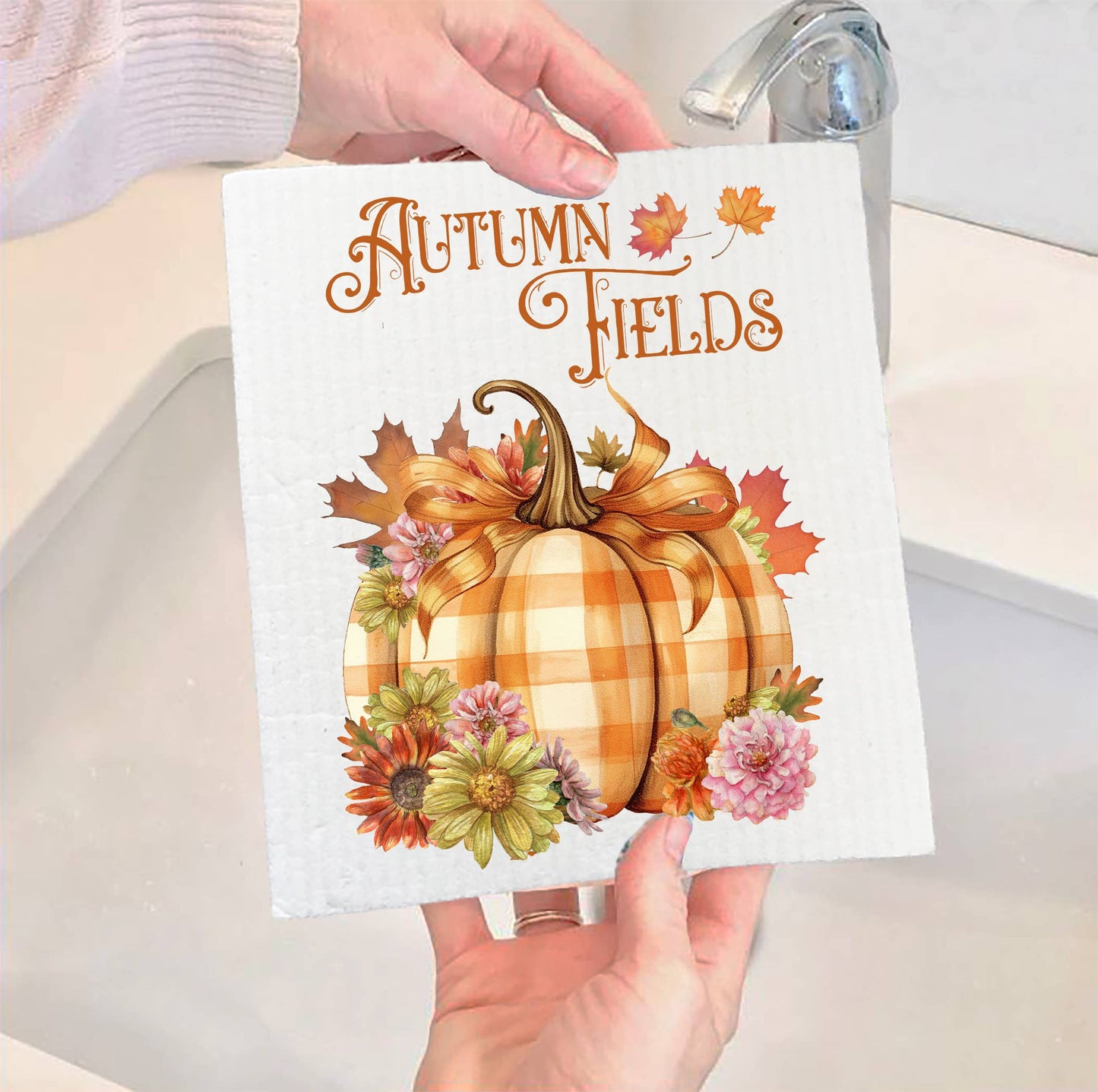 Set of 2 - Autumn Harvest Checkered Pumpkins SWEDISH DISH CLOTH