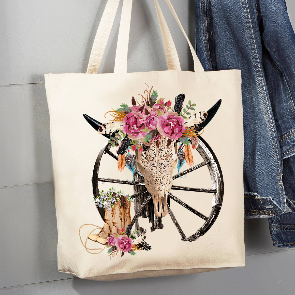 Western Cow Skull Cowboy Southwestern 12 oz Canvas Tote Bag