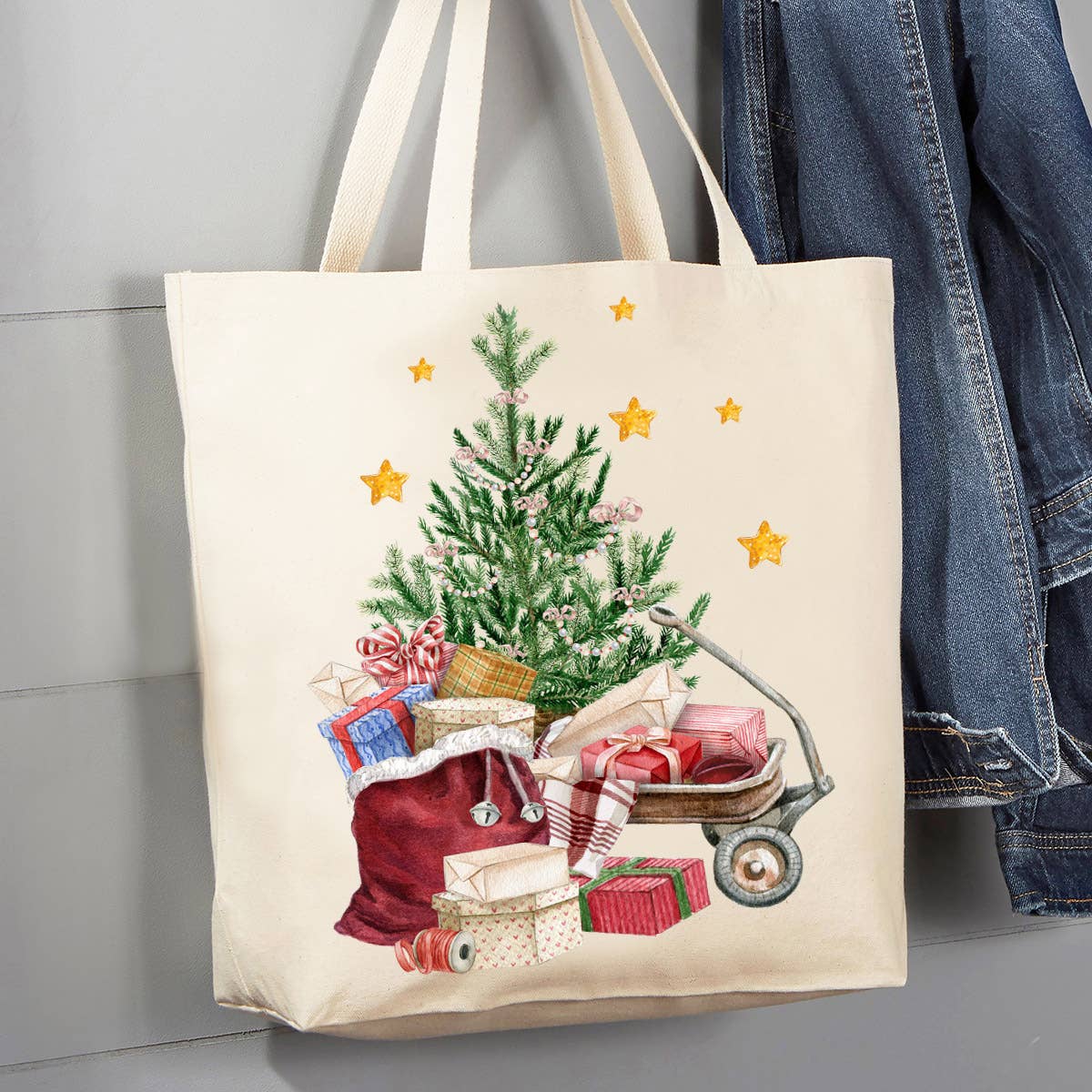 Christmas Tree Santa Red Wagon 12 oz Canvas Tote Bag