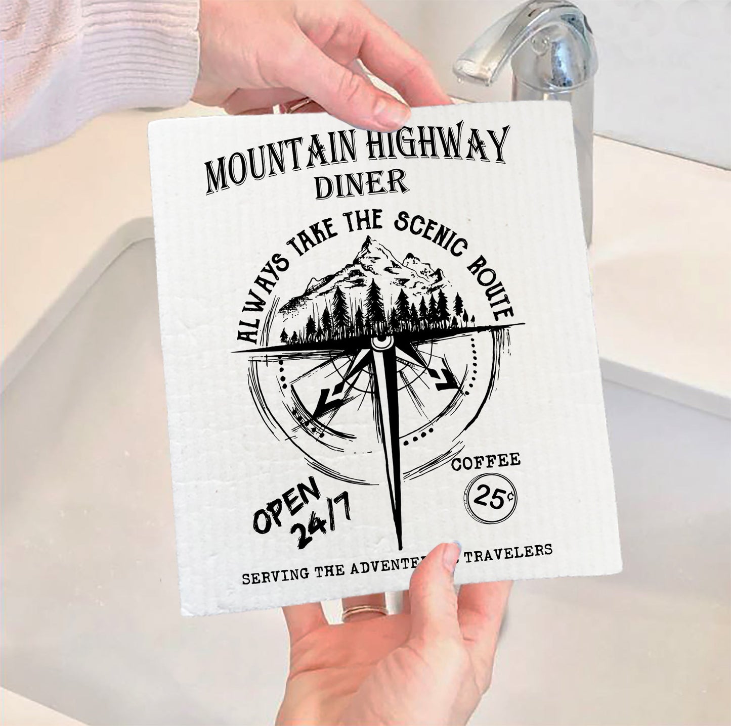 Set of 2 - Moutain Highway Diner Always Take the Scenic Route Swedish Dish Cloth