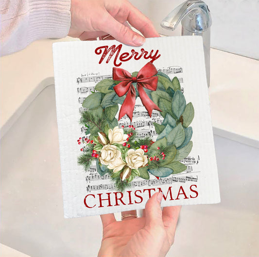 Set of 2 -  Merry Christmas Magnolia Flowers Wreath Swedish Dish Cloth