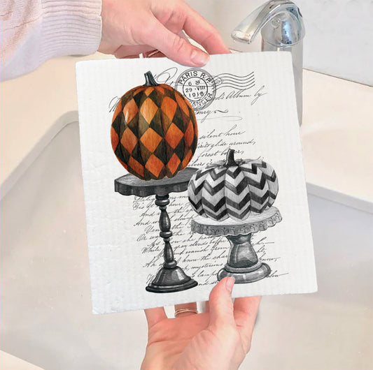 Set of 2 -  Halloween Checkered Stacked Pumpkins Swedish Cloth