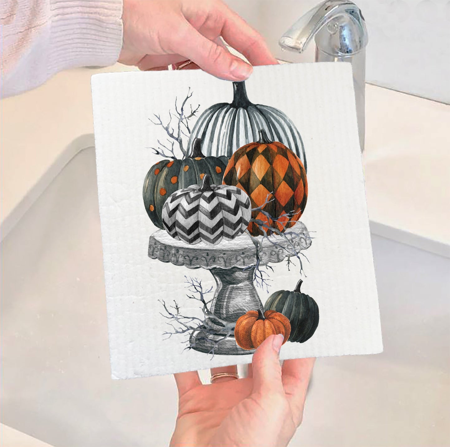 Set of 2 -  Halloween Checkered Stacked Pumpkins Swedish Cloth