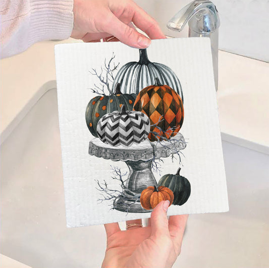 Set of 2 -  Halloween Checkered Stacked Pumpkins Swedish Cloth