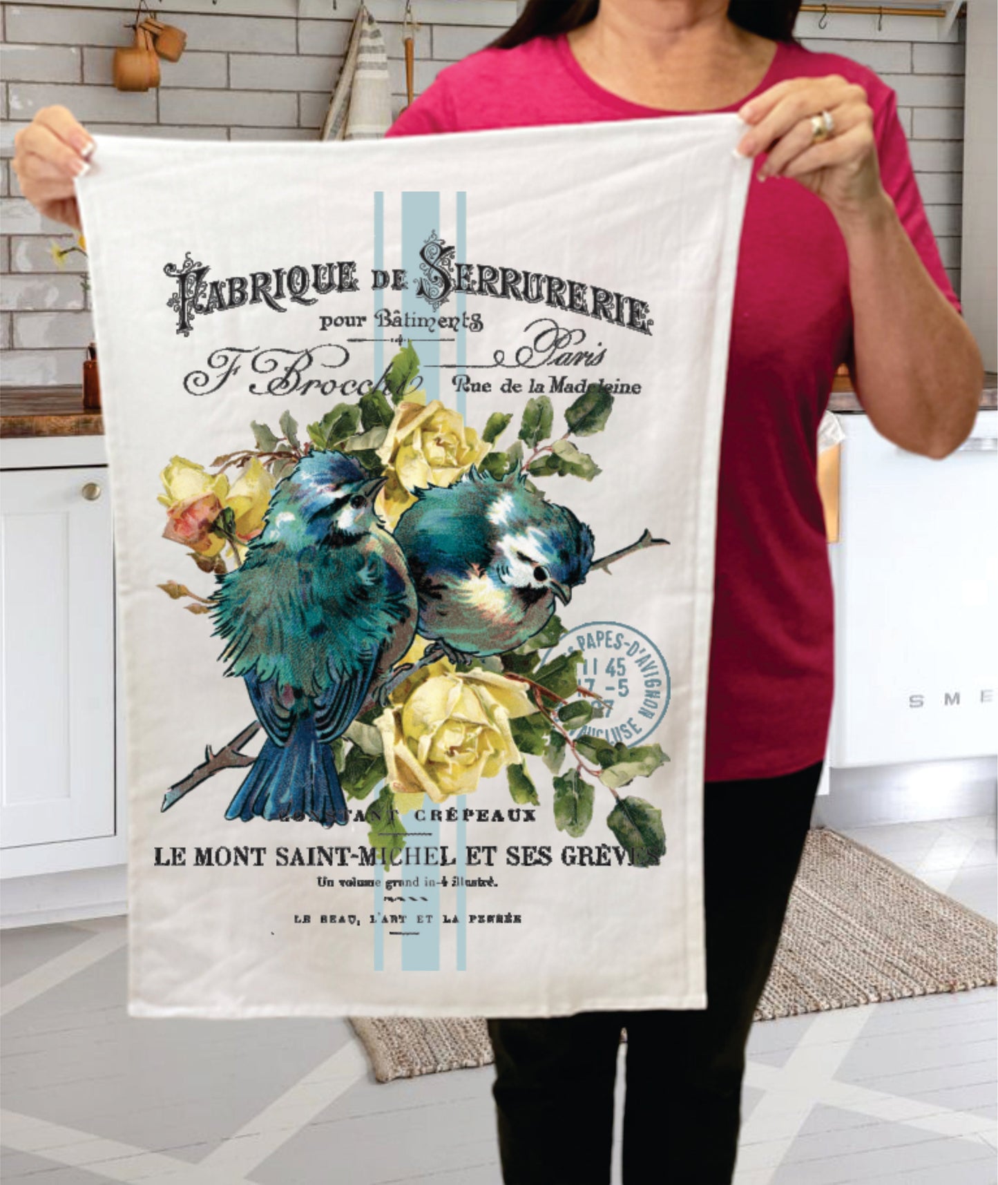 Vintage French Birds Roses Kitchen Terry Towel