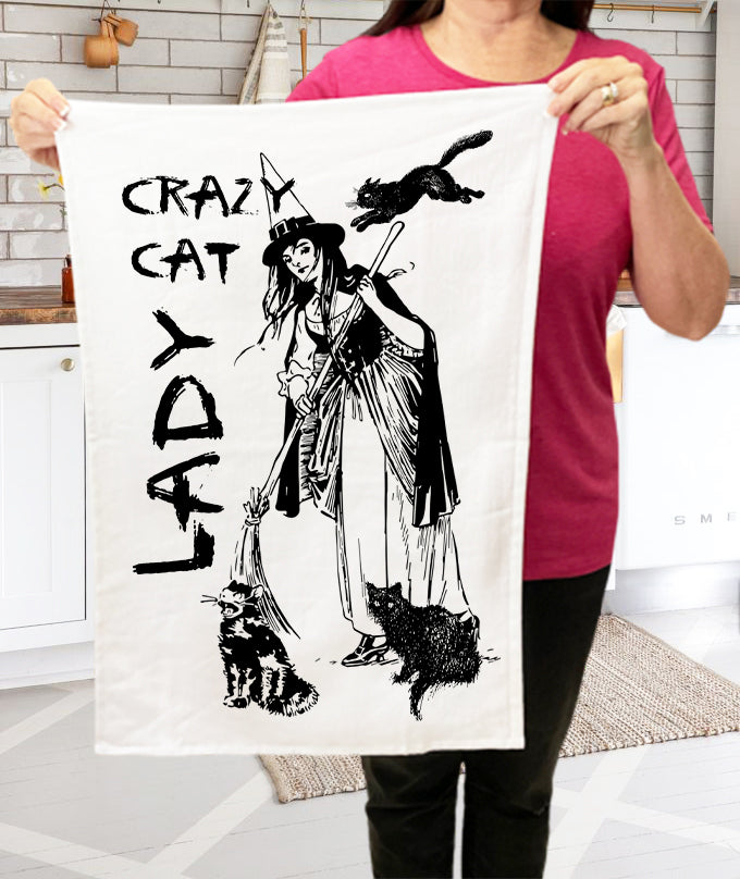 Crazy Cat Lady Witch Halloween Cotton Terry Towels