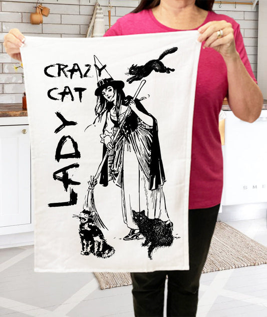 Crazy Cat Lady Witch Halloween Cotton Terry Towels