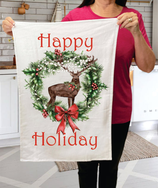 Christmas Happy Holiday Reindeer Cotton Terry Towel