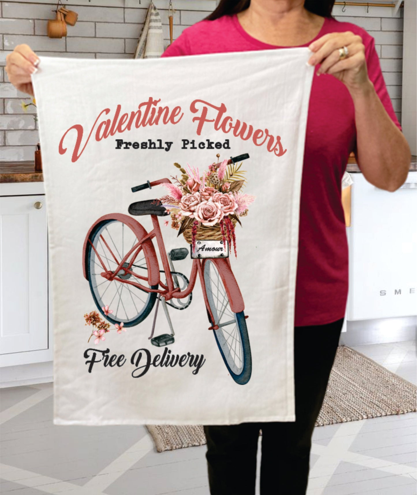 Valentine Flowers Pink Bicycle  Cotton Terry Towels
