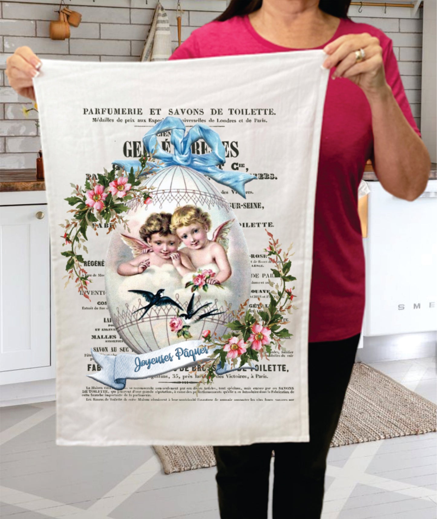 Vintage French Happy Easter Egg  Terry Towel
