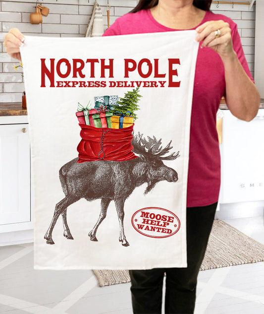 Christmas North Pole Moose Delivery  Terry Towel