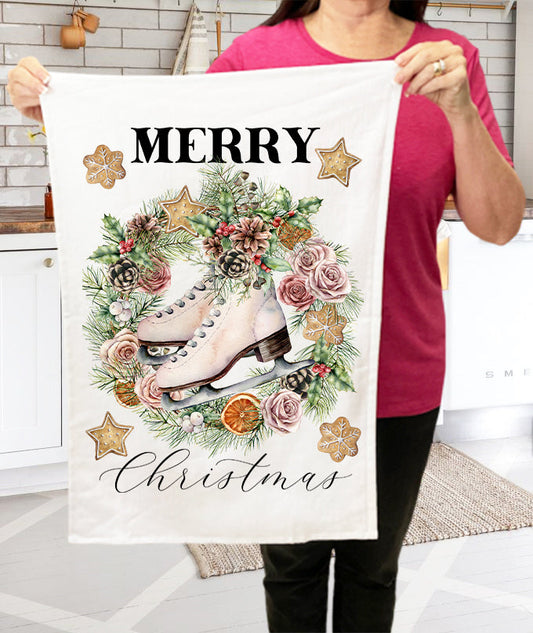 Merry Christmas Ice Skating Wreath  Terry Towel