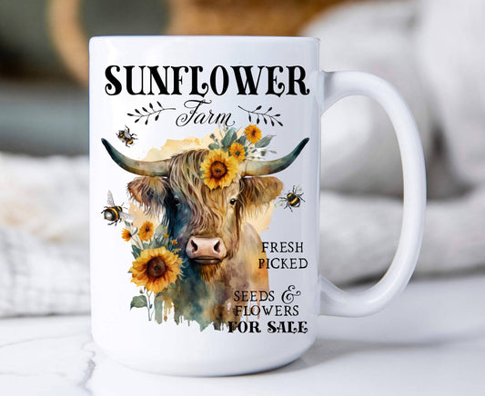Highland Cow Sunflower Farm 15 oz Coffee Mug