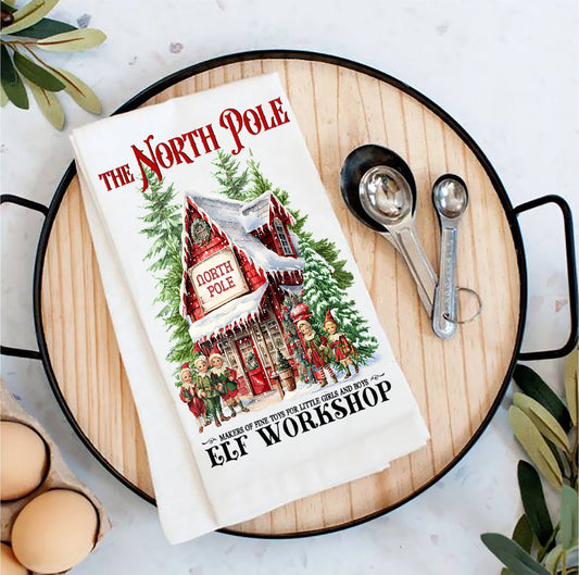 Christmas Vintage North Pole Elfs Tea Towel