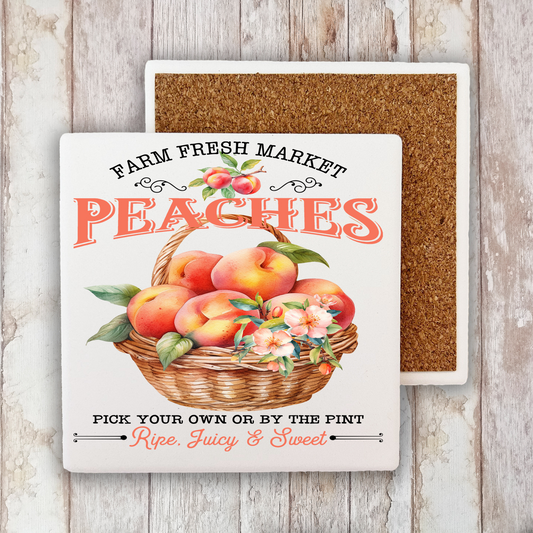Farm Fresh Peaches Blossoms  Stone Coaster (Set of 2)