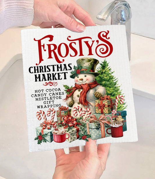 Frosty's Christmas Market Snowman  Swedish Dishcloth-Sets of 2