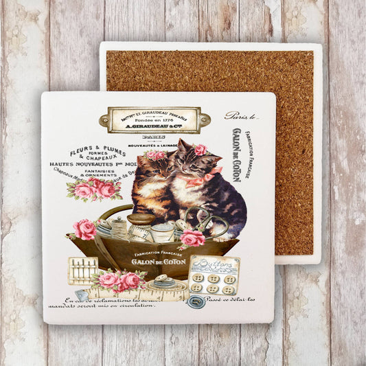 Country Vintage Fench Kittens Cats Stone Coaster-Set of 2