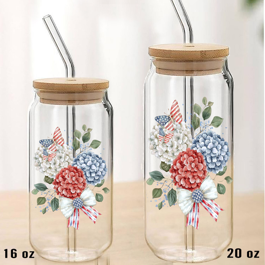 Patriotic Hydrangea Butterfly Can Glass with Lid Straw