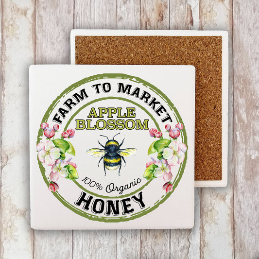 Apple Blossom Honey Bee Farm to Market, Stone Coaster