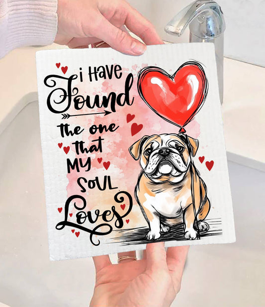 Dog Bull Dog Found My Love Valentine Swedish Dishcloth (Set of 2)