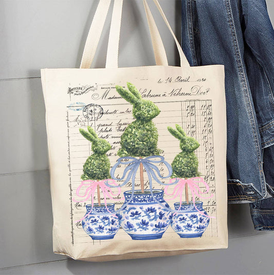 Easter Blue and White Topiary Vintage Canvas Tote Bag