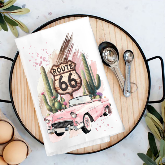 Route 66 Pink Vintage Car  Tea Towel