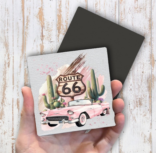 Route 66 Pink Vintage Car  Magnet Fridge (Set of 2)