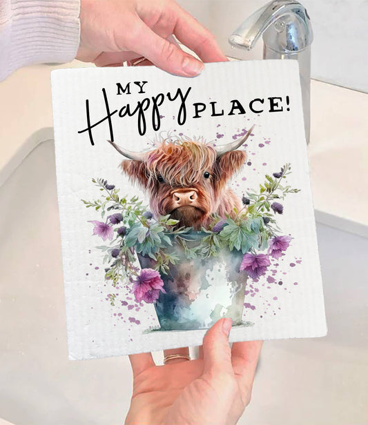 Set of 2 - Highland Cow My Happy Place SWEDISH DISH CLOTH