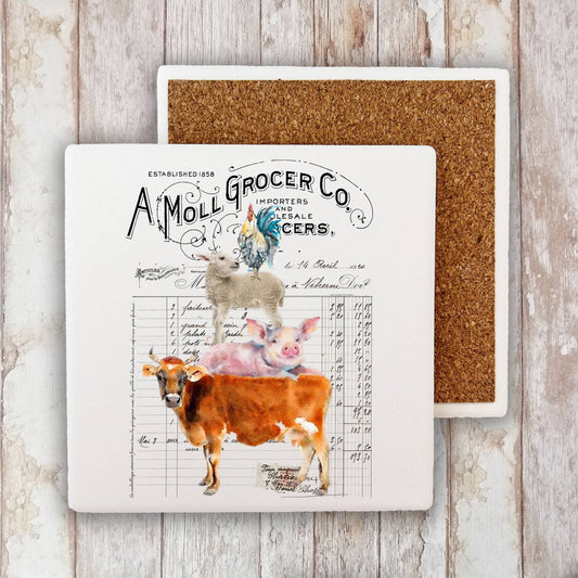 Vintage Farm Animals Grocers Stone Coaster