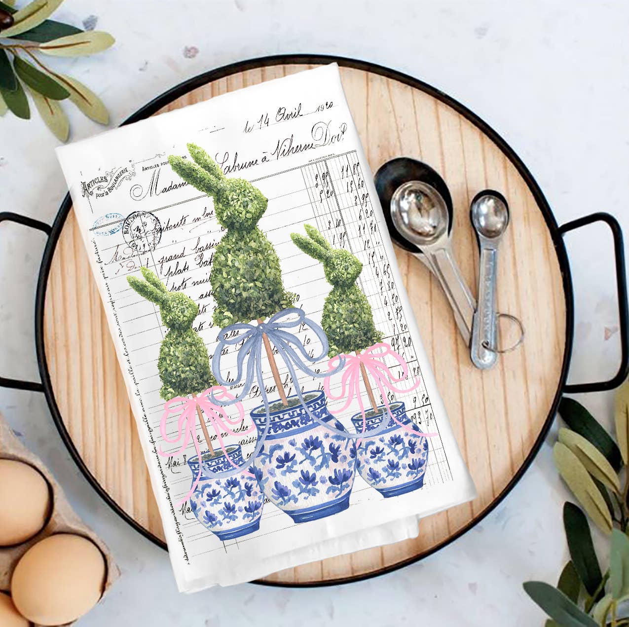 Easter Blue and White Topiary Vintage Tea Towel