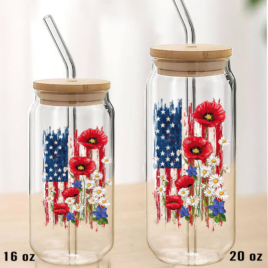 Patriotic American Flag Flowers  Can Glass with Lid Straw