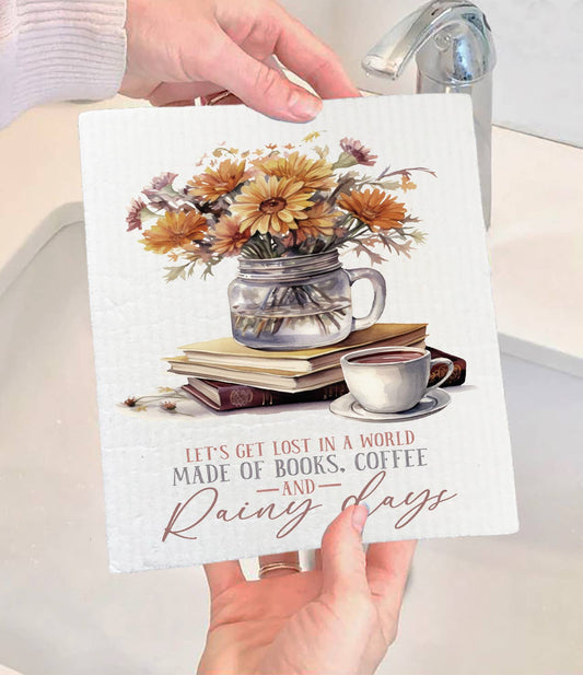 Autumn Fall Books & Coffee Rainy Day Swedish Dishcloth-Sets of 2