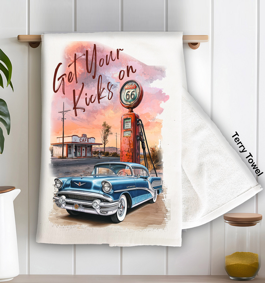 Route 66 Get Your Kicks Gas Pump  Kitchen Terry Towel
