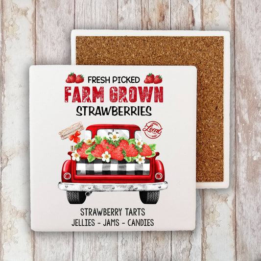 Country Farm Fresh Strawberries Red Truck Stone Coaster