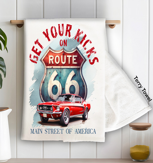 Route 66 Get your Kicks Mustang  Kitchen Terry Towel