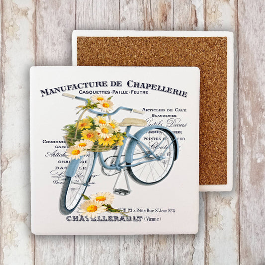 Vintage French Daisy Bicycle Shabby Chic Stone Coaster-Set of 2