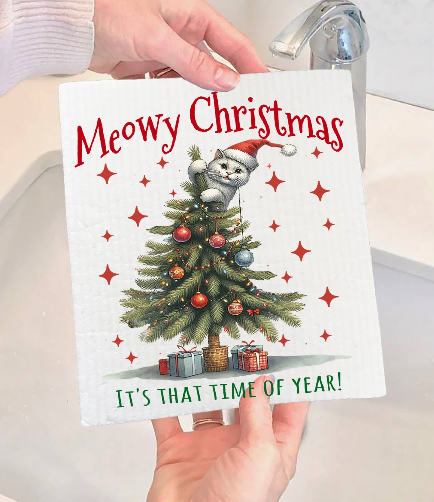 Meowy Christmas Cat Attaching Tree Swedish Dishcloth (Set of 2)