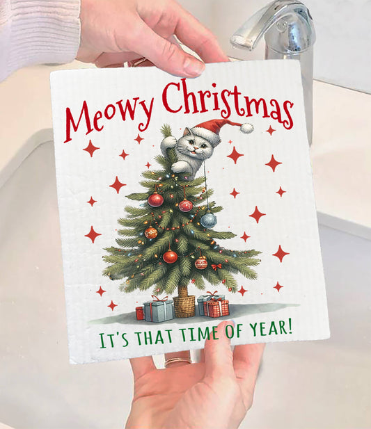 Meowy Christmas Cat Attaching Tree Swedish Dishcloth (Set of 2)
