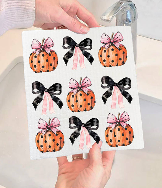Halloween Pumpkins and Bows Swedish Dishcloth-Sets of 2