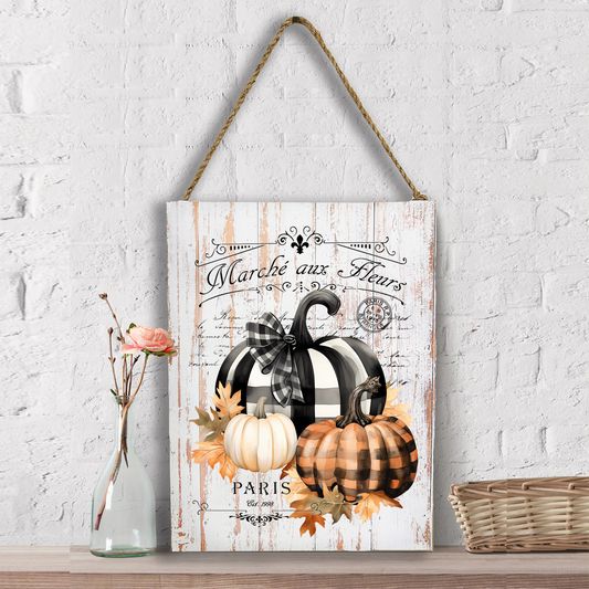 Fall French Black white Checkered Pumpkins Wall Decor