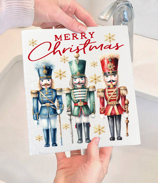Merry Christmas Holiday Nutcrackers Swedish Dishcloth (Set of 2)
