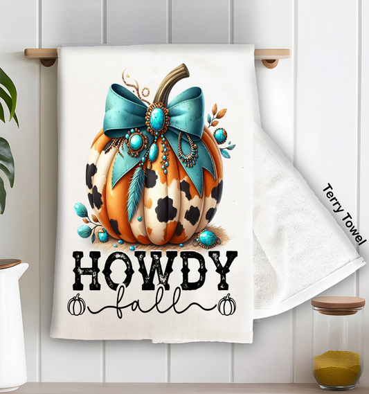 Howdy Fall Turquoise Pumpkin Kitchen Terry Towel