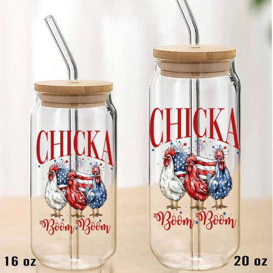 Patriotic Chicka Boom Boom Can Glass with Lid Straw