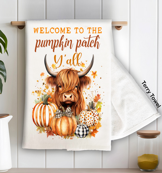 Fall Highland Cow Y'All Pumpkins Kitchen Terry Towel