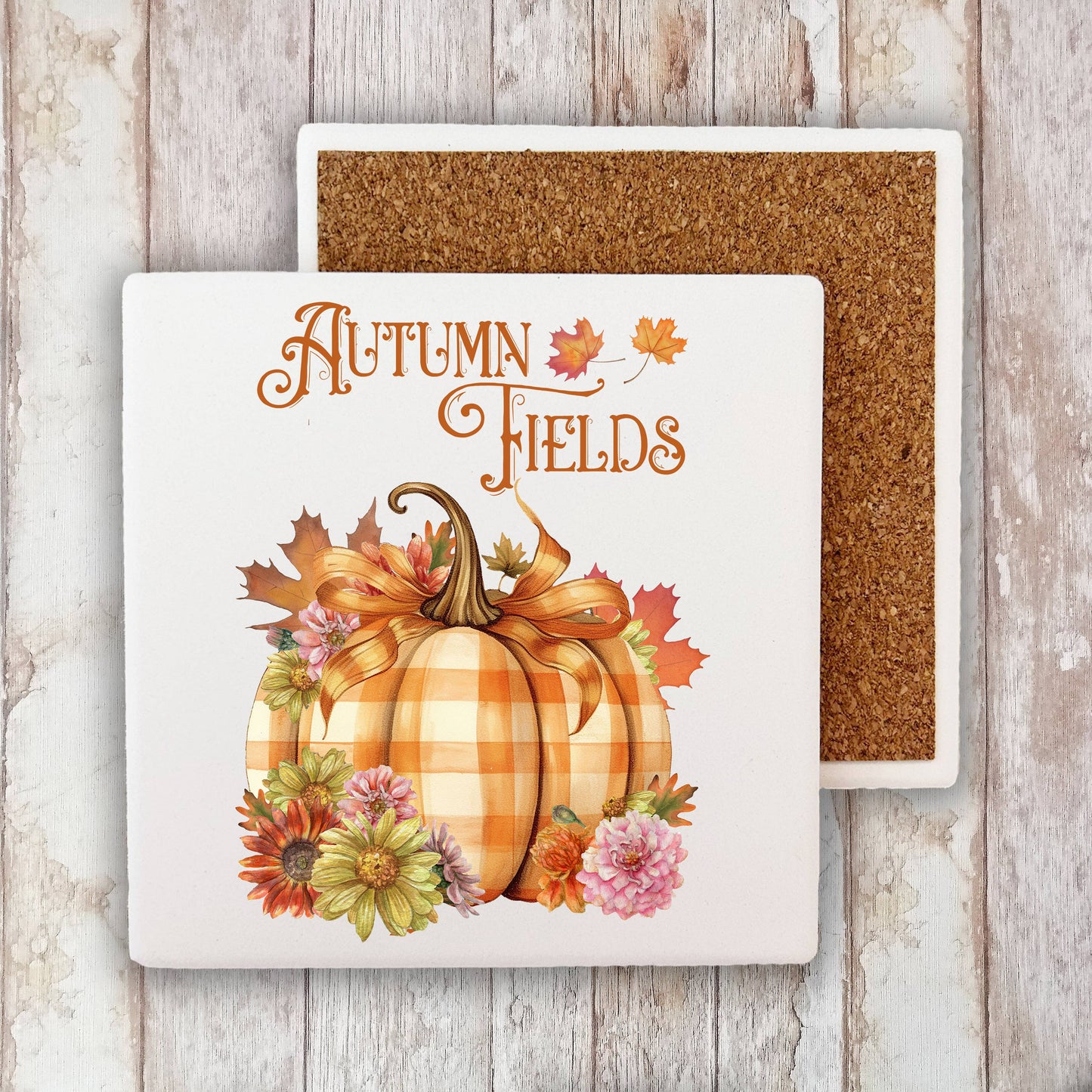 Autumn Harvest Checkered Pumpkins Stone Coaster